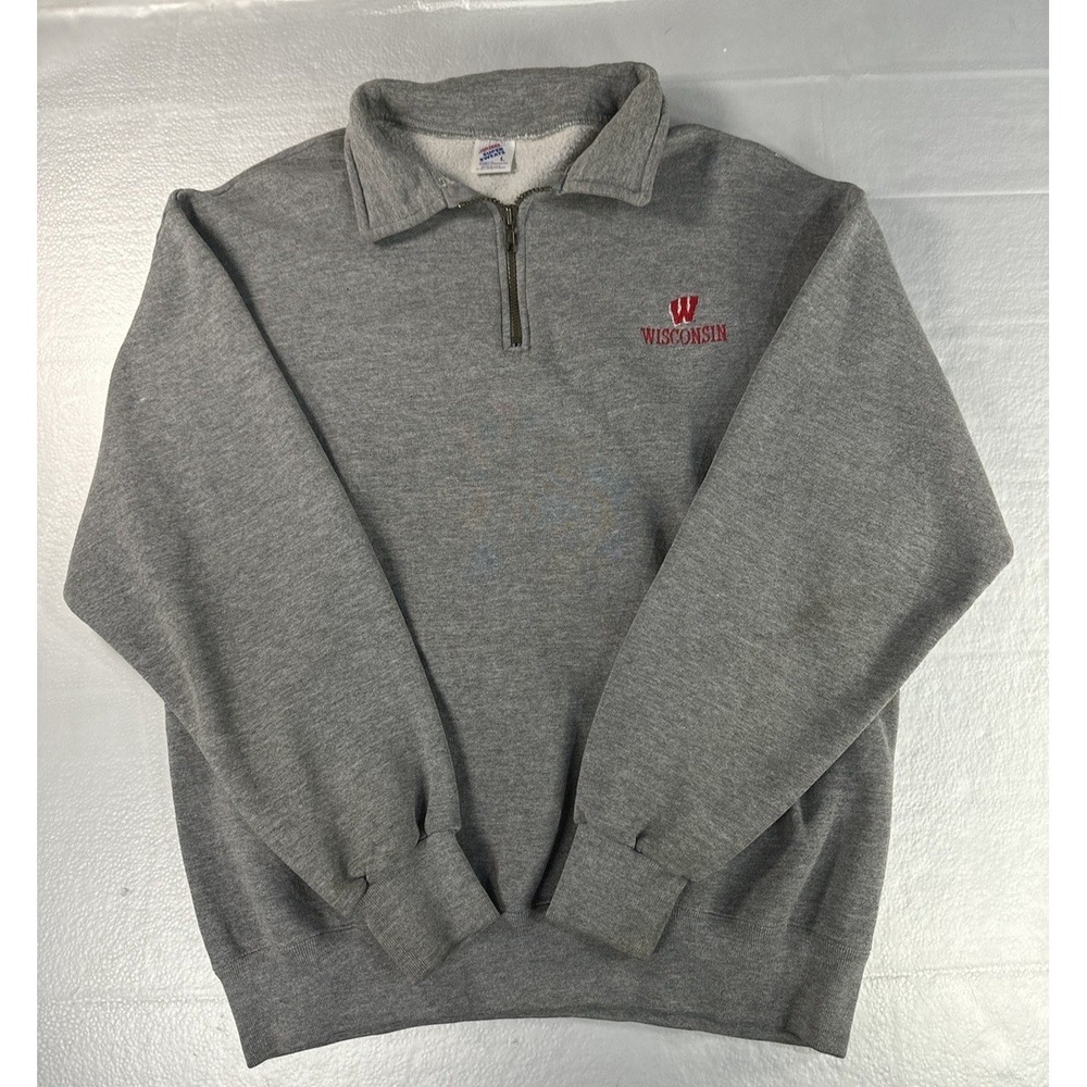 VTG JERZEES Wisconsin Badgers Quarter Zip Mens Large Gray Sweater USA Made